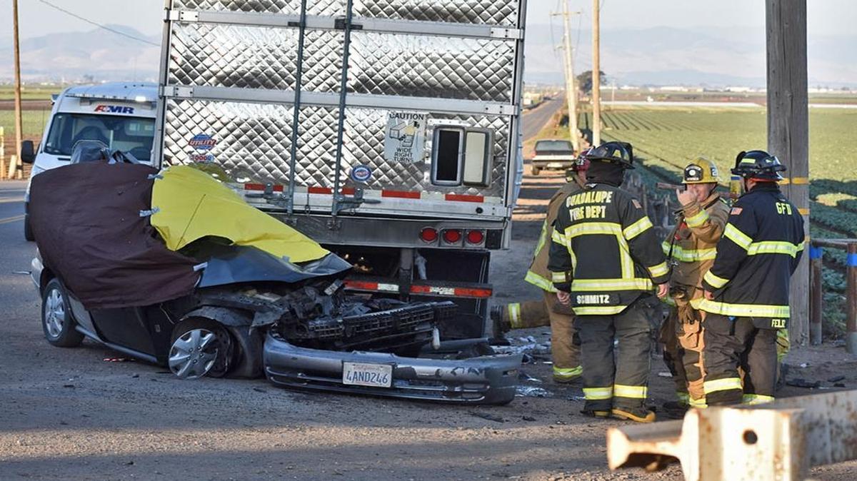 Two people were killed Monday evening in a vehicle accident involving a big-rig and a sedan on Brown Road just west of Highway 1 near Guadalupe. The vehicle ended up wedged under the rear of the semi’s trailer.