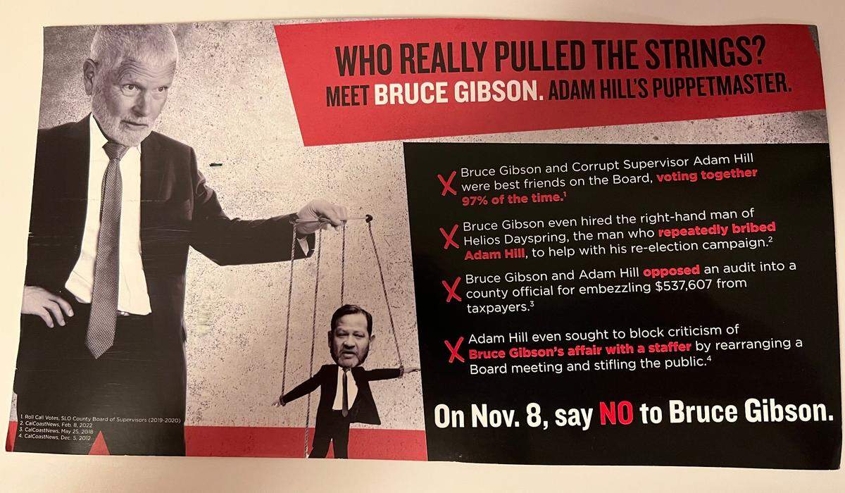 The political action committee Safer San Luis Obispo County circulated a mailer accusing Bruce Gibson of being “Adam Hill’s puppet master.”