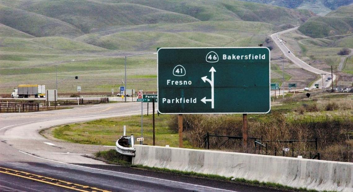 Cars drive past the intersection of Highway 46 and Highway 41 known as the Cholame “Y.” Actor James Dean died in a car crash near the interchange in 1955.