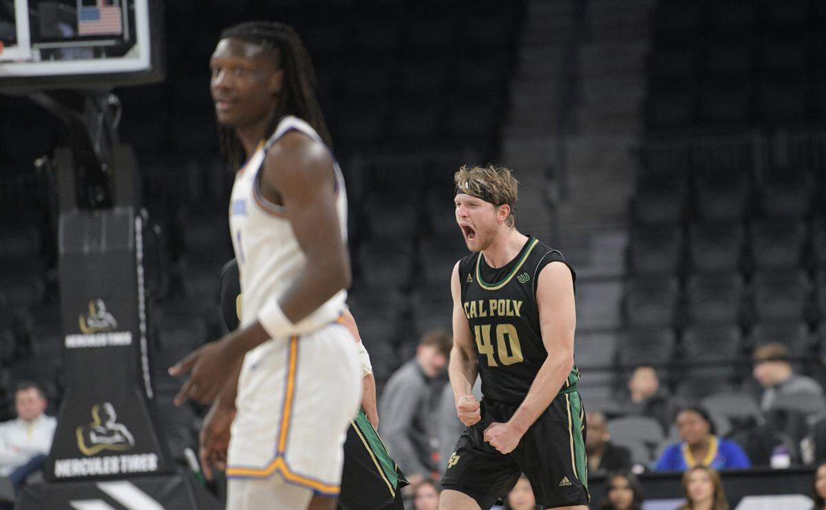 Isaac Jessup celebrates a shot in Cal Poly’s 96-83 win over No. 3 UC Riverside in the Big West basketball championships at Lee’s Family Forum in Henderson, Nevada, on March 13, 2025.