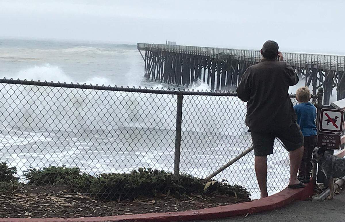 Andrew Crosby of Cambria, his son Fin and pooch Pfeiffer watch high-tide waves at San Simeon Pier on Thursday, Dec. 28, 2023.