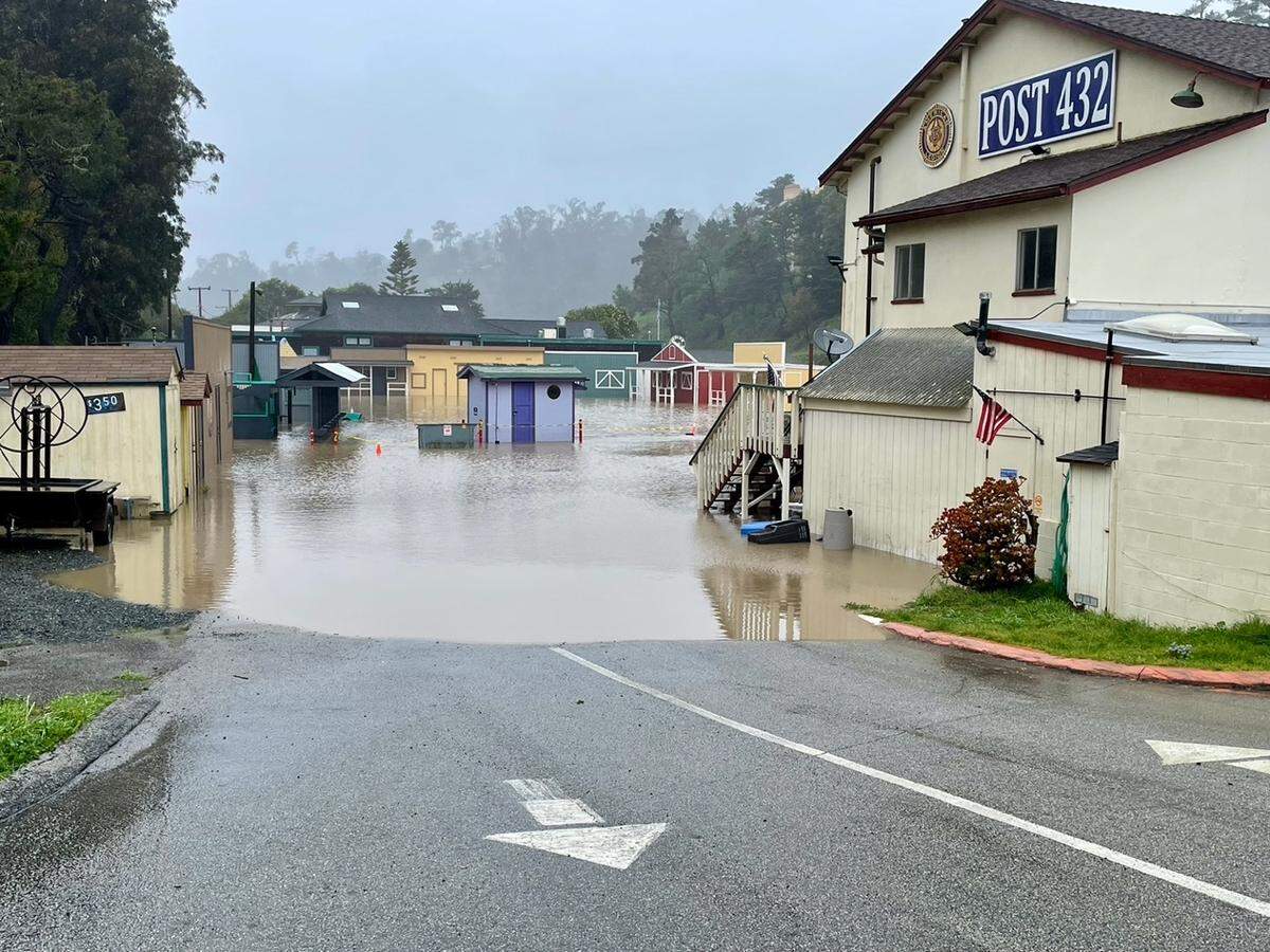 High water flooded the Pinedorado Grounds and lapped up against the Veterans Hall American Legion Post in Cambria on March 10, 2023.