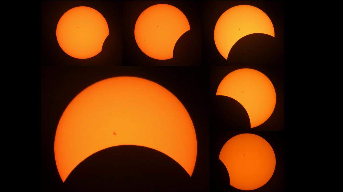 A photo compilation shows the partial solar eclipse as seen from Arroyo Grande growing to its maximum of 41% and then retreating on April 8, 2024.