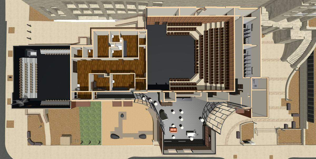 SLO Rep has revised plans for its new downtown theater on Monterey and Nipomo streets to encompass a smaller one-story building with a mainstage theater and black box theater. The new building is expected to draw 50,000 patrons a year. A rendering shows the site plan for the new complex.