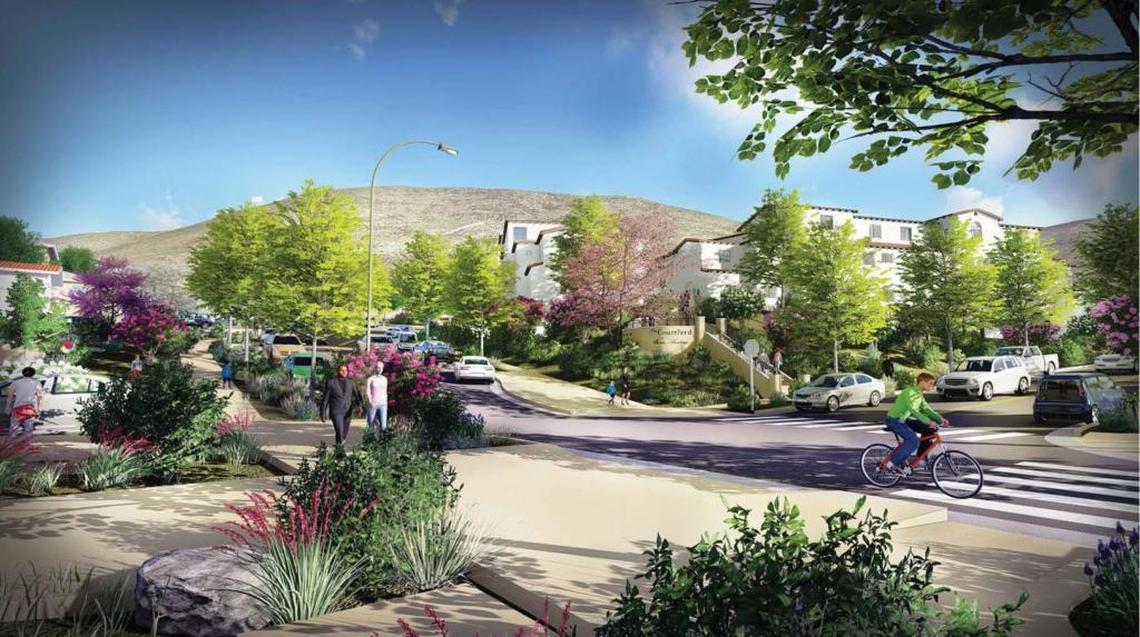 A rendering of the proposed Courtyard at the Meadows shows the view from Violet and Plum streets.