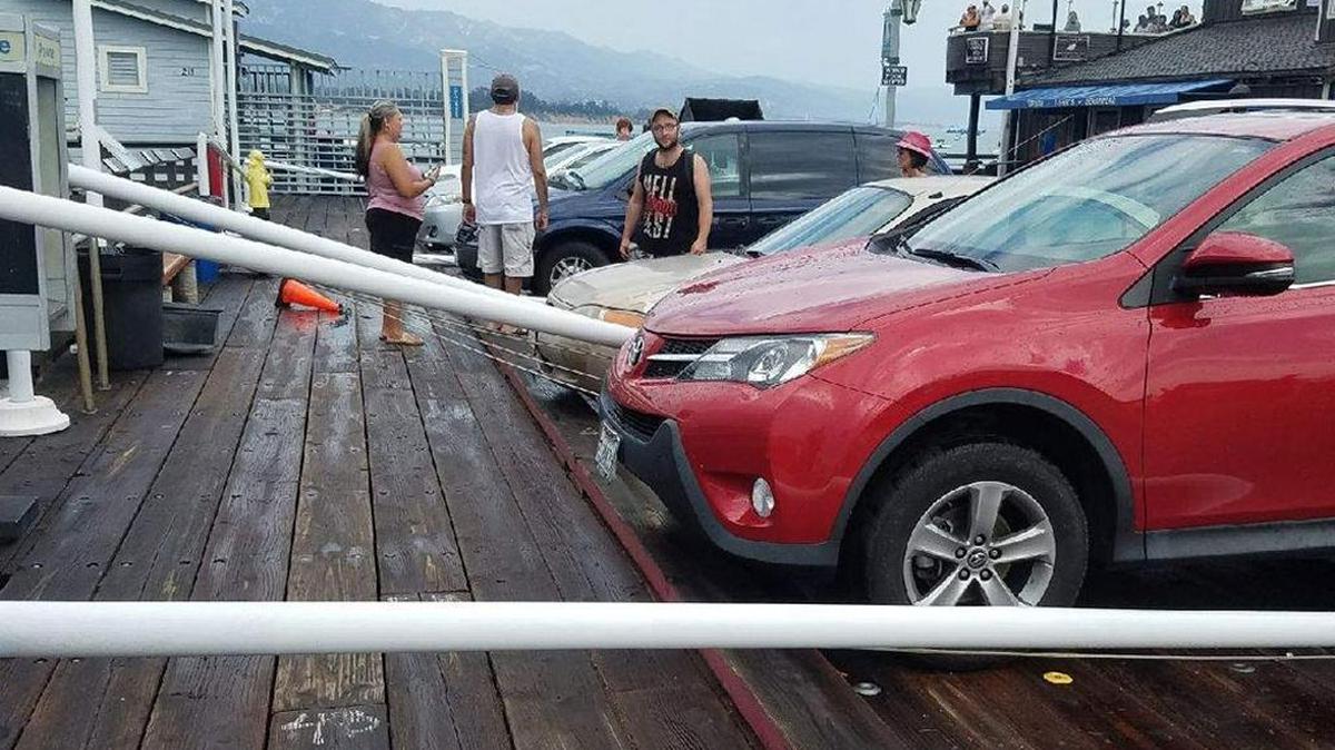 Heavy winds associated with a thunderstorm causes damage to Stearns Wharf and other areas of the Santa Barbara waterfront on Sunday afternoon. Numerous boats were reported capsized or swamped, but no injuries were reported.