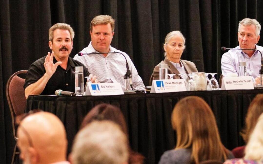 PGE’s Senior Vice President, Generation and Chief Nuclear Officer Ed Halpin, left, addresses those in attendance during a public information meeting at Embassy Suites in San Luis Obispo where staff presented information about the 2025 Diablo Canyon closure, addressed questions and took public comment.