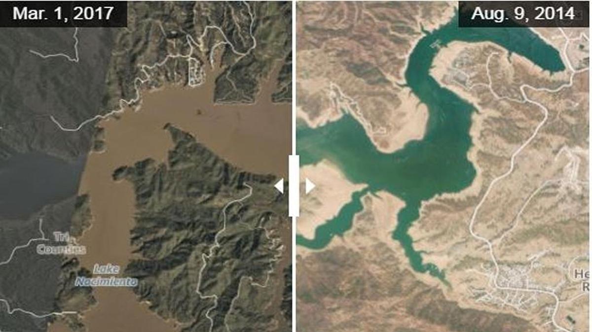 Before and after photos of Lake Nacimiento show drastic changes in water levels between March 1, 2017, left, and Aug. 9, 2014.