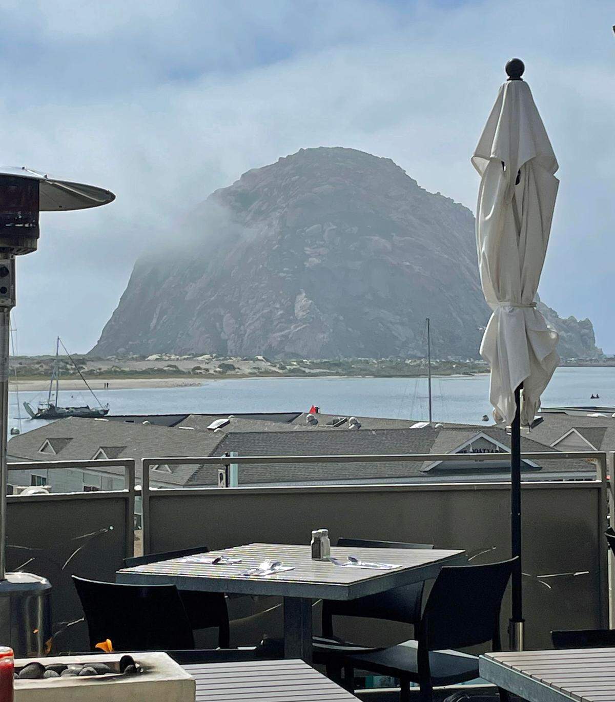 This view of Morro Rock and the bay is from the outdoor patio at Dorn’s Breakers Cafe in Morro Bay.