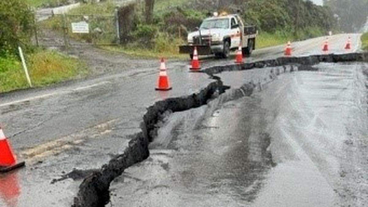 A sizable crack is seen in the pavement of Highway 1 just north of the town of Gorda on March 16, 2023.