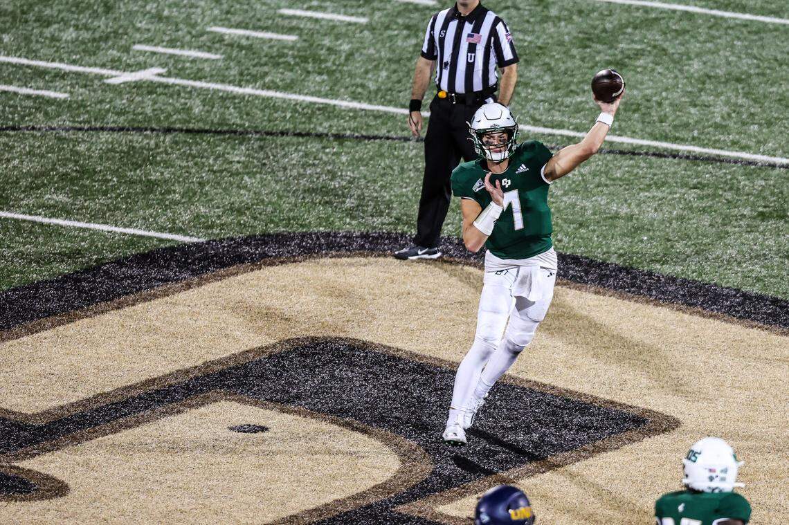 Cal Poly quarterback Sam Huard (7) throws a pass in the second half during the Mustangs’ 24-17 over Northern Colorado on Saturday, Oct. 21, 2023, at Mustang Memorial Field.