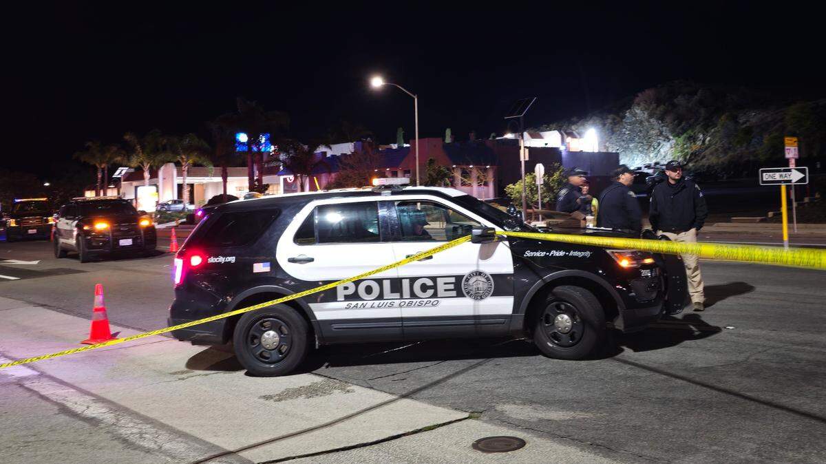 Police investigate a collision that critically injured a pedestrian Thursday night, Feb. 22, 2024, on Madonna Road near the Highway 101 entrance in San Luis Obispo.