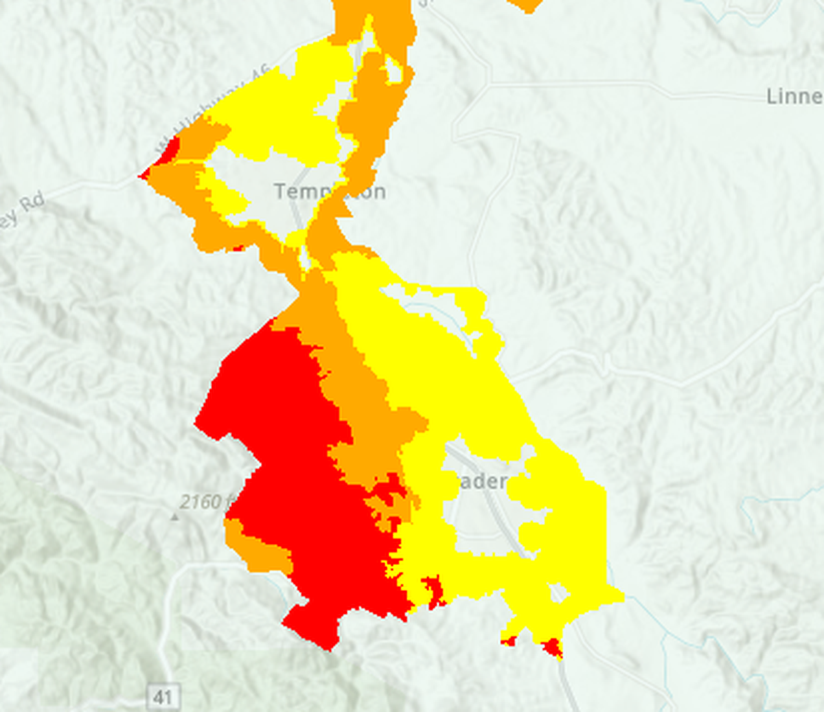 Cal Fire’s 2025 fire hazard severity zone map for Atascadero shows 6,802 acres in the moderate zone (yellow), 2,594 acres in the high zone (orange) and 5,923 acres in the very high zone (red).