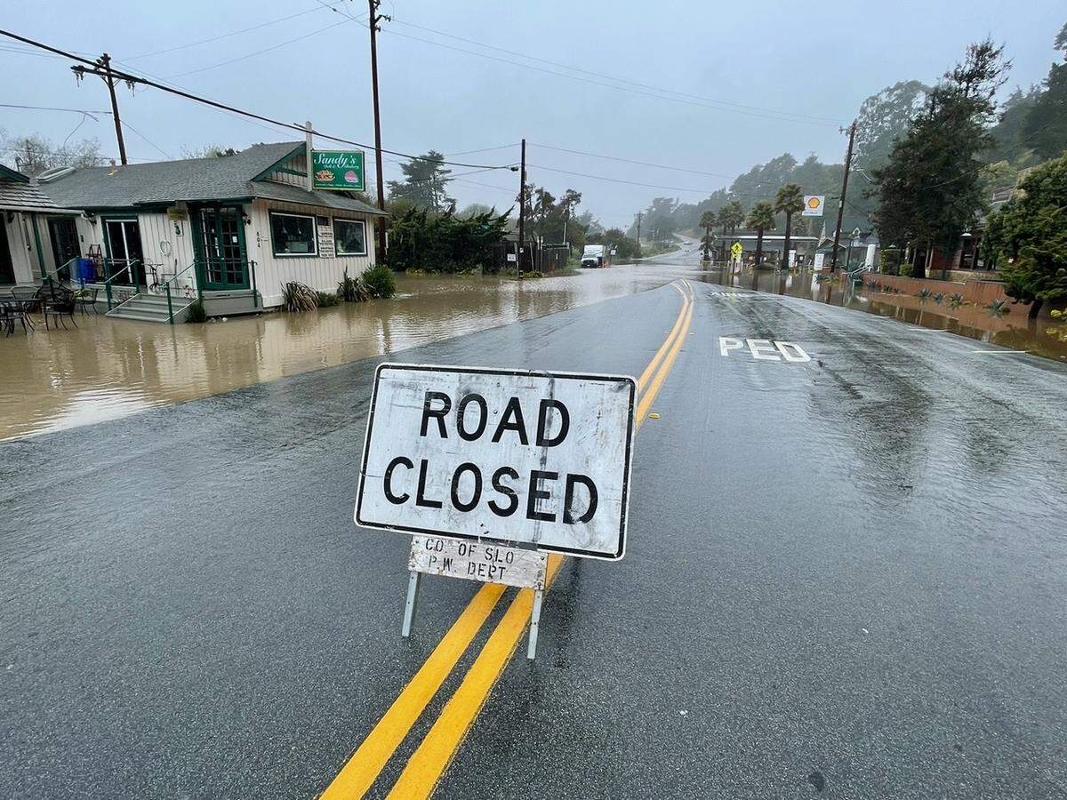 Floodwaters cover Main Street in Cambria’s West Village on March 10, 2023.