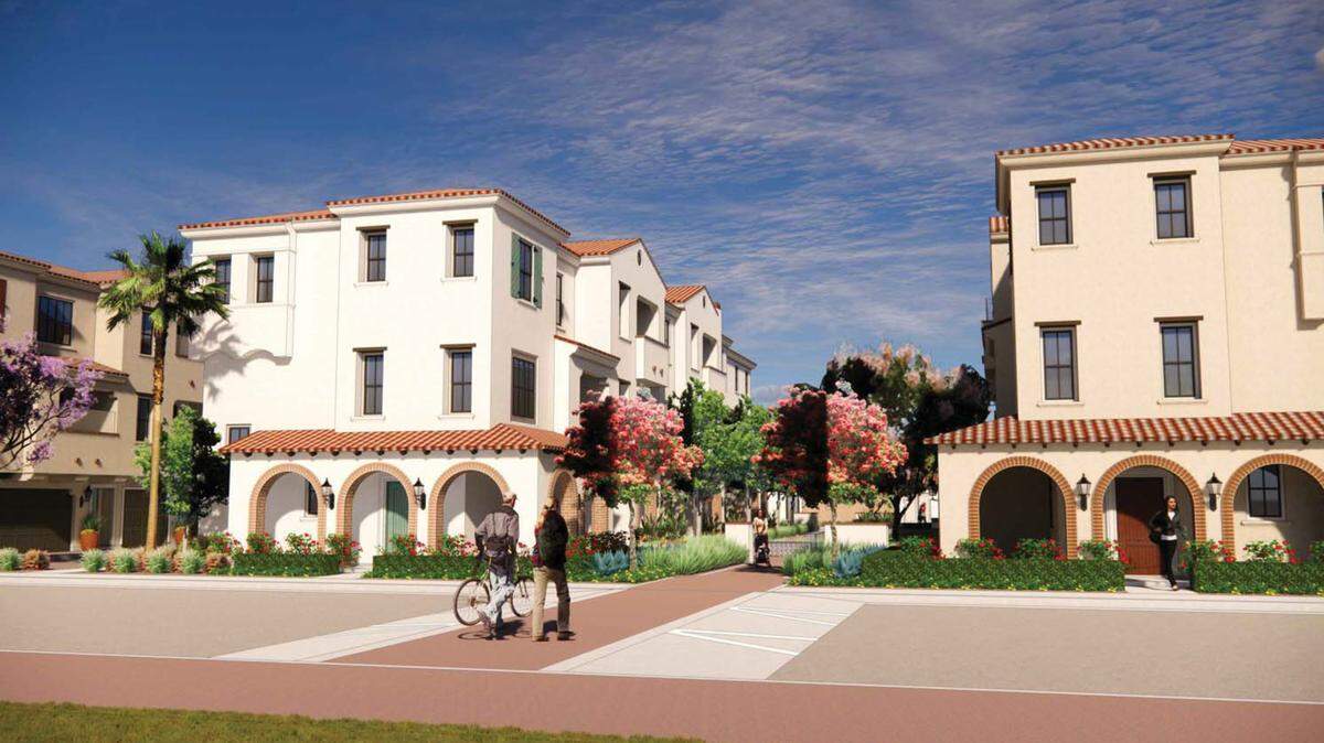 A rendering shows how the towhhouse apartments would look at the Bullock Ranch mixed-use development project in San Luis Obispo.