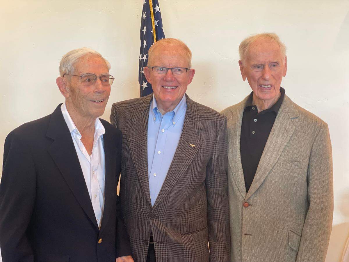 Former servicemen from World War II and the Vietnam War gathered in San Luis Obispo for Vandenberg’s Military Order of the World Wars chapter reunion on Jan. 19, 2024, at the the San Luis Obispo Country Club. The guests of honor at the luncheon were, from left, World War II veteran Capt. Harry Moyer, Vietnam veteran Capt. Charlie Plumb and World War II veteran Capt. Jim Kunkle.