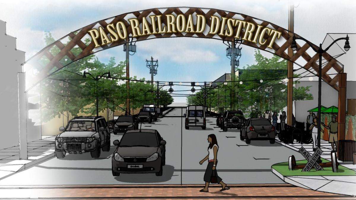 A rendering shows a proposed Railroad District along Railroad Street between 10th and 12th streets in Paso Robles. The area is envisioned as a kind of arts hub that could feature murals and galleries.