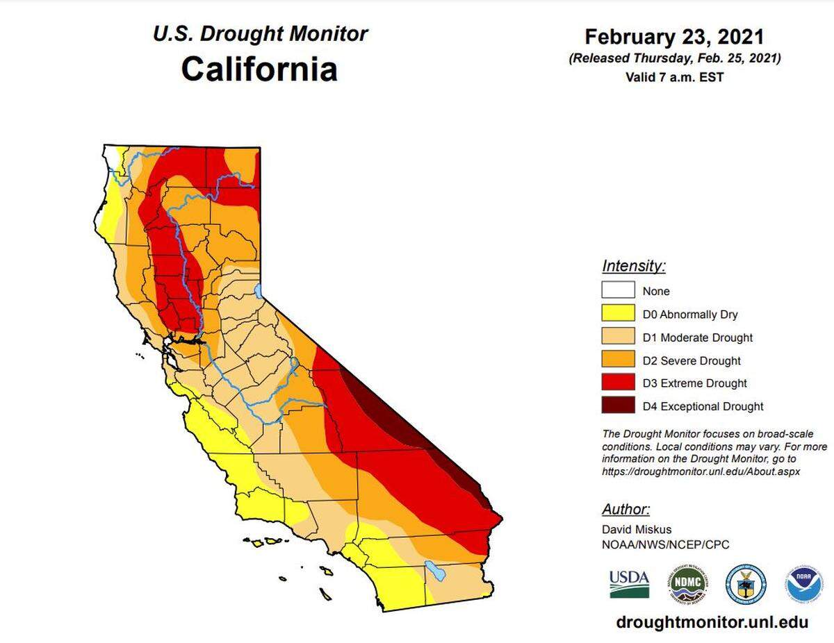 The latest U.S. Drought Monitor map of California shows most of the state is experiencing moderate to exceptional drought conditions. San Luis Obispo and much of the Central Coast is currently abnormally dry.