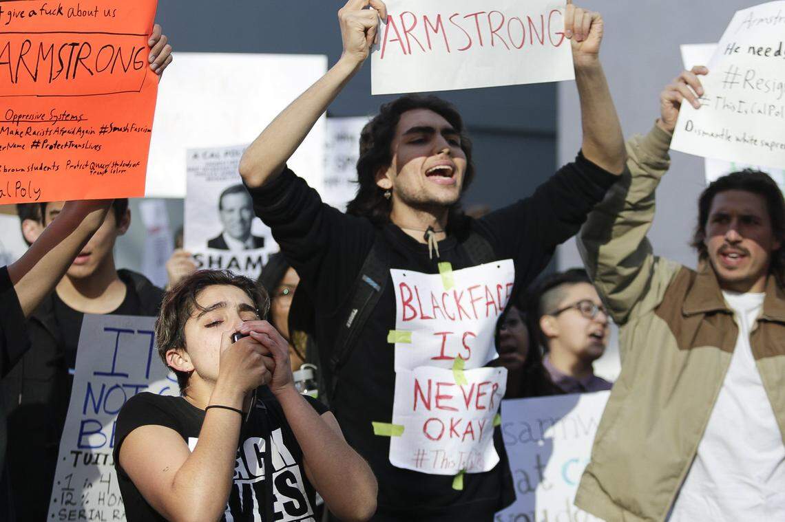 In an April 14, 2018, photo, Cal Poly students protest the blackface incident involving a white member of Lambda Chi Alpha fraternity.