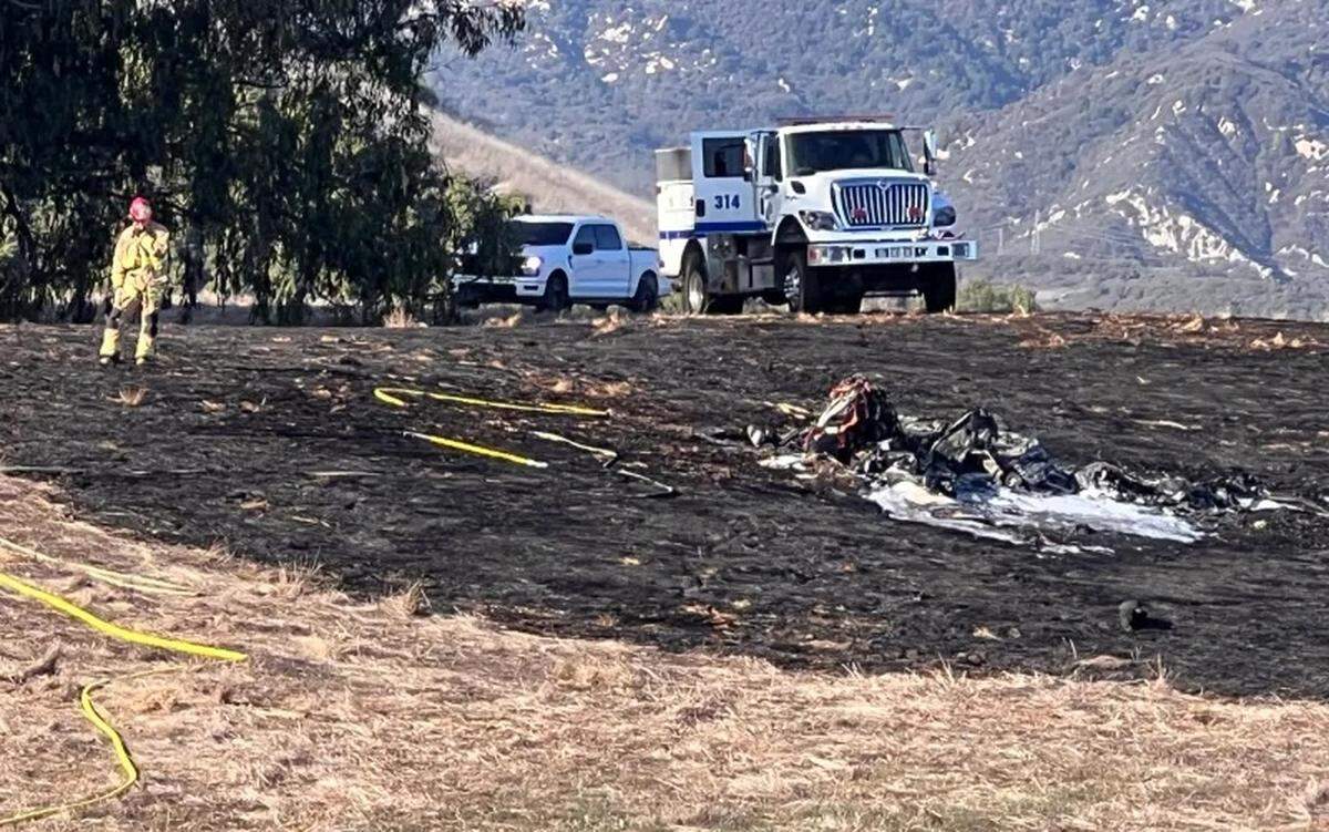 Two people were injured after a small plane crashed into a field and caught fire near Highway 101 in Goleta Wednesday afternoon, Jan. 29, 2025.