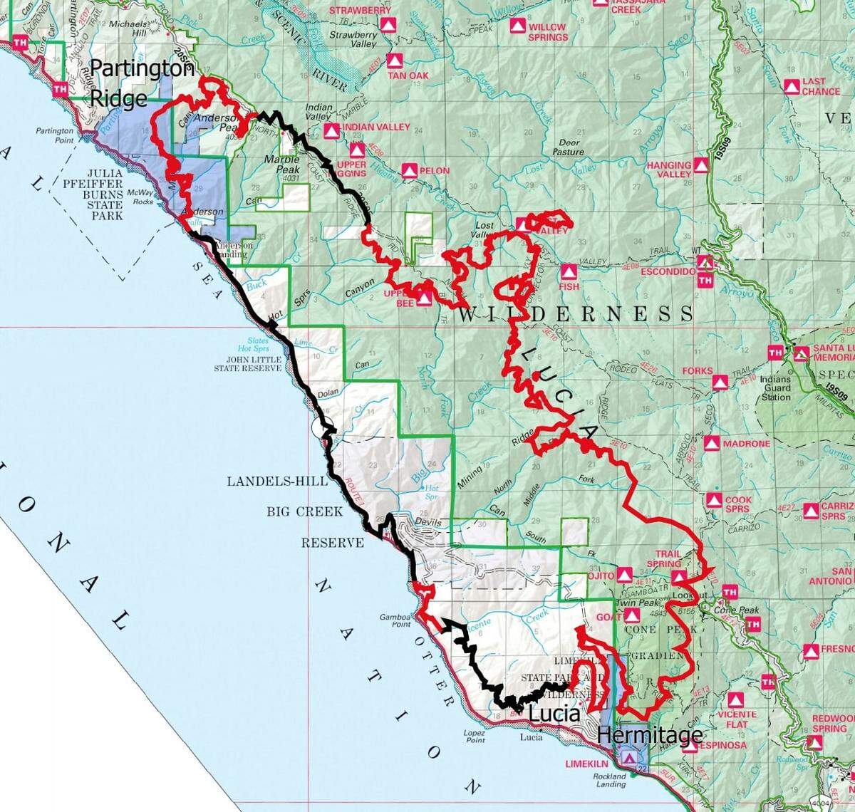 A map released Monday shows the area of the Dolan Fire near Big Sur.