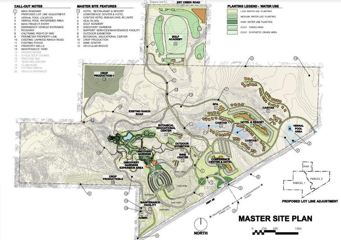 A site plan for the Sensorio garden attraction and an accompanying hotel and conference center. Developer Ken Hunter is planning a temporary art installation for the property, which will be installed next year and open to the public in the spring.