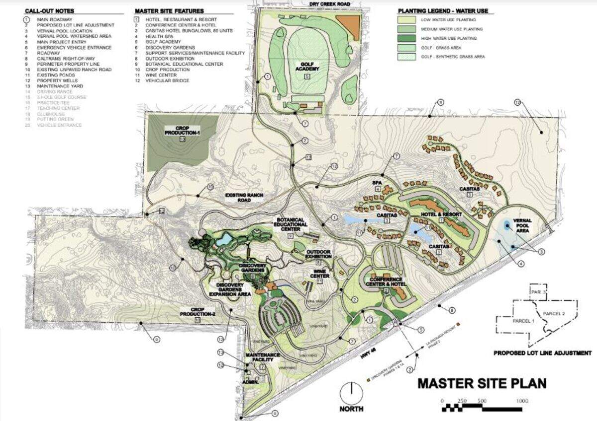 A site plan for the Sensorio garden attraction and an accompanying hotel and conference center. Developer Ken Hunter is planning a temporary art installation for the property, which will be installed next year and open to the public in the spring.