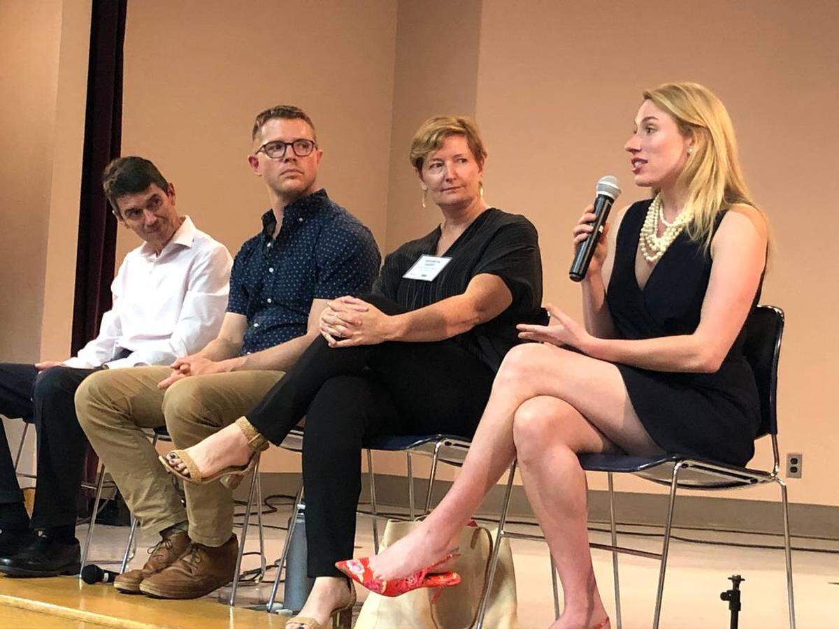 Panelists speak at a San Luis Obispo event on energy on Thursday. From left to right are: Pierre Delforge, senior scientist at the Natural Resources Defense Council; Nick Young, senior project manager with Association for Energy Affordability; Bronwyn Barry, board chair of the North American Passive House Network; Hannah Kaye, expert product manager with Grid Edge, Pacific Gas and Electric Company.