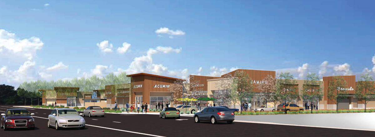 An artist's rendering shows a proposed shopping center development at the corner of Tank Farm and Broad in San Luis Obispo. This image shows a view from Broad Street.