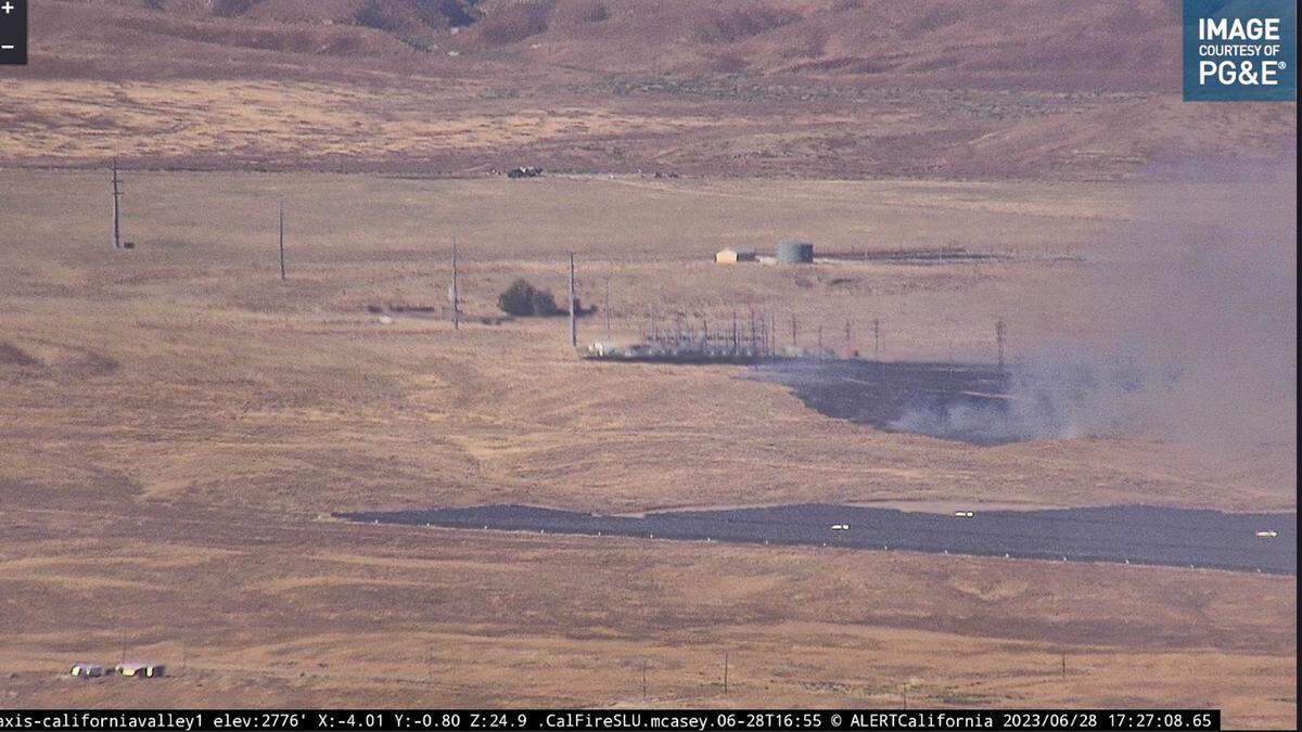 A wildfire burns off Boulder Creek Road on the Carrizo Plain on Wednesday, June 28, 2023.