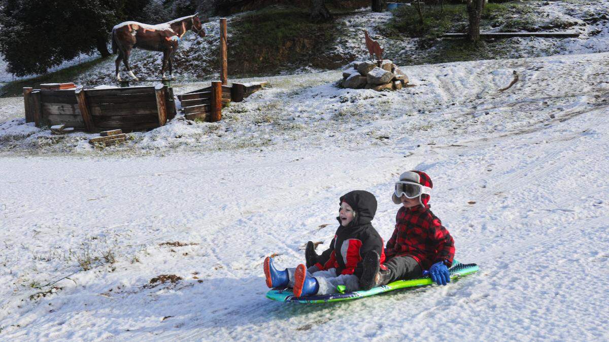 Uriah Davis, 3, left and brother Levi Davis, 4, slide down a snow-covered driveway near Parkhill Road on Feb. 23, 2023, with a horse statue in background.