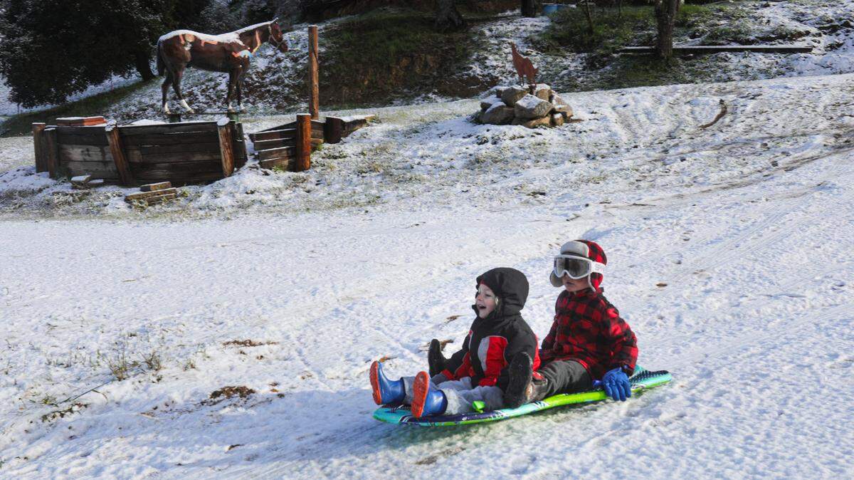 Uriah Davis, 3, left and brother Levi Davis, 4, slide down a snow-covered driveway near Parkhill Road on Feb. 23, 2023, with a horse statue in background.