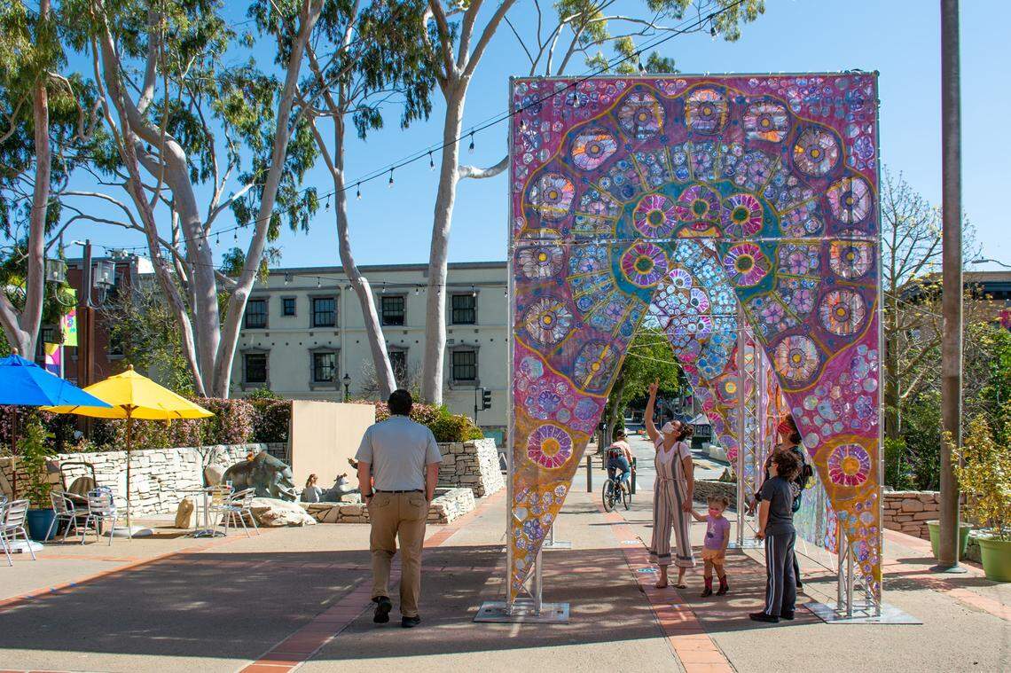 “Through the Flowers” by artist Laurie Shapiro is one of a planned series of art installation pop-ups to occur monthly at Mission Plaza.