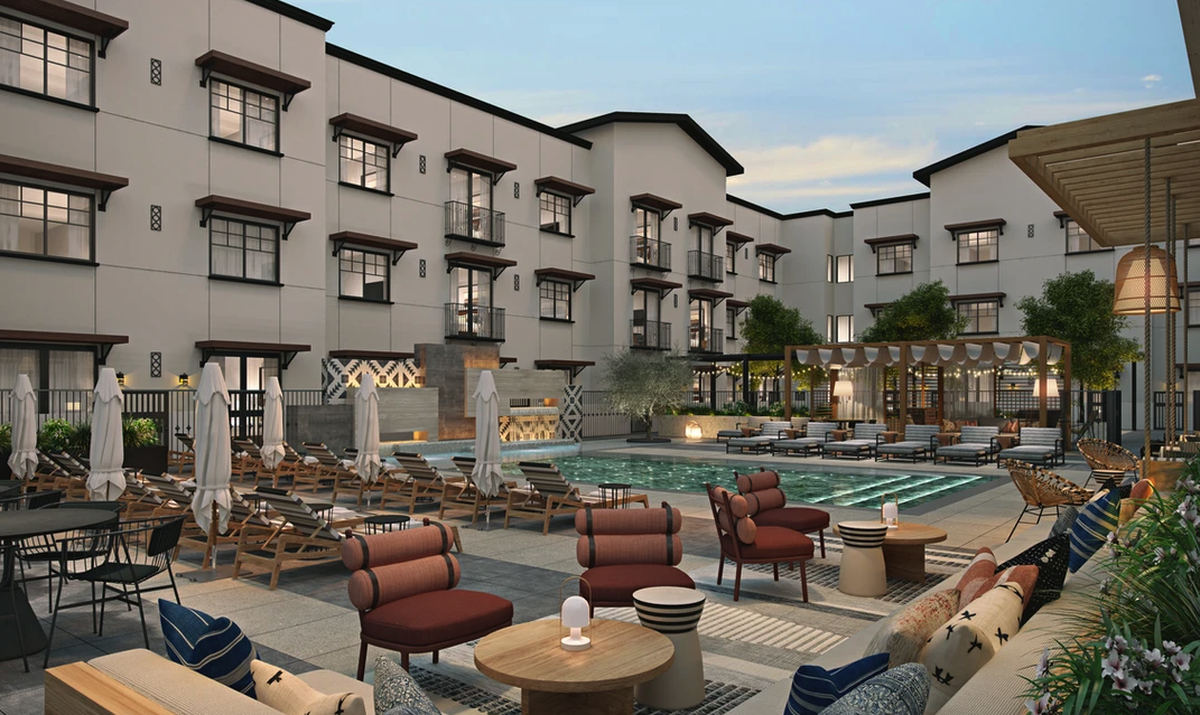 The four-story Ava Hotel in Paso Robles, seen here in a rendering, will feature a rooftop pool and bar catering to wine country tourists. The projected opening date is summer 2025.