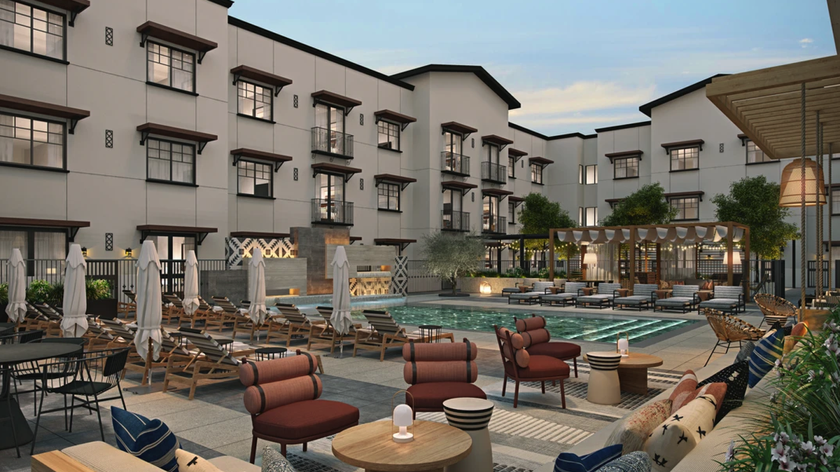 The four-story AVA Hotel in Paso Robles, seen here in a rendering, will feature a rooftop pool and bar catering to wine country tourists. The projected opening date is in spring or summer 2025.