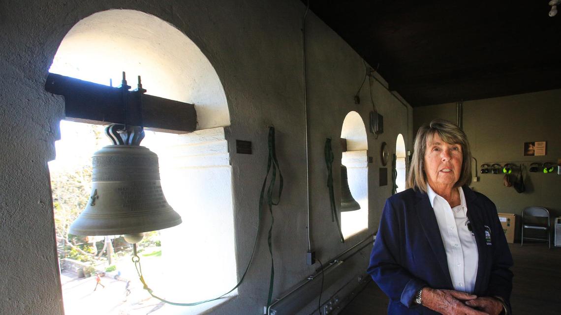 Mission docent Connie Pillsbury in the bell tower on Feb. 4, 2022.
