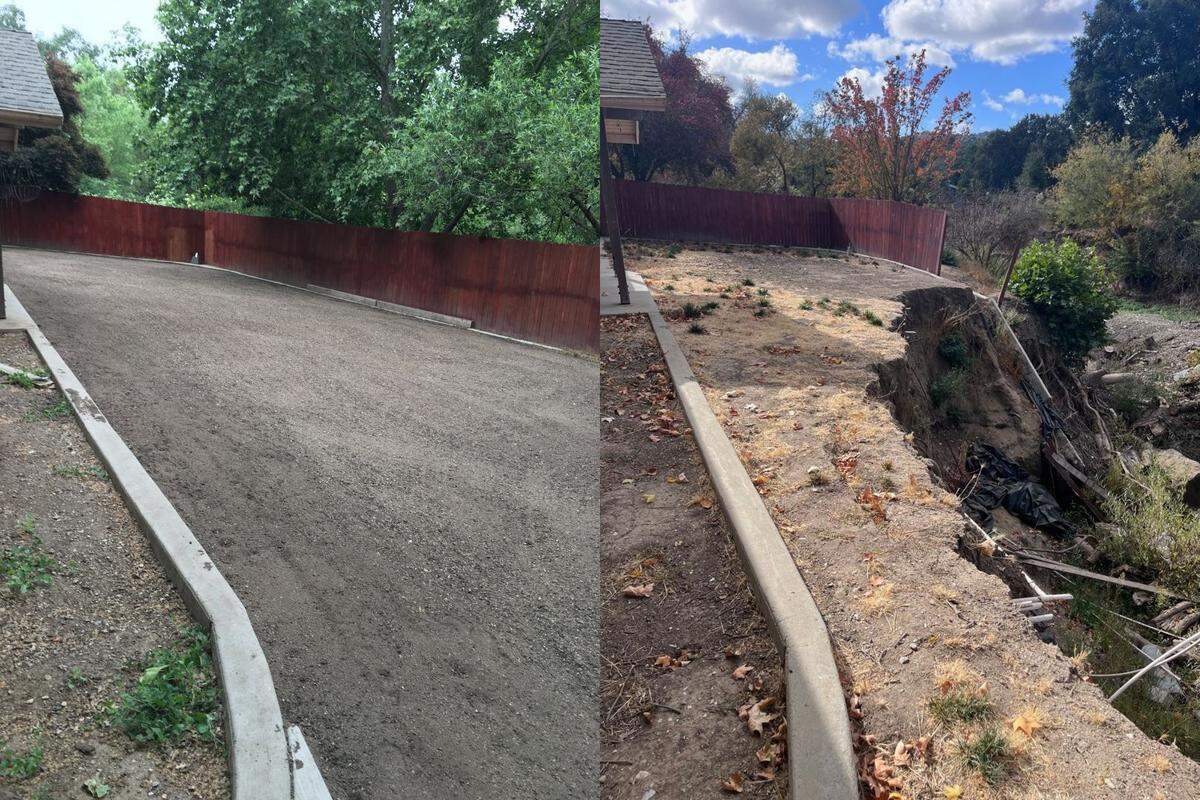 The image on the left was taken in the backyard of 1210 San Ramon Road prior to the March 10, 2023 storm. The image on the right is after the storm. 