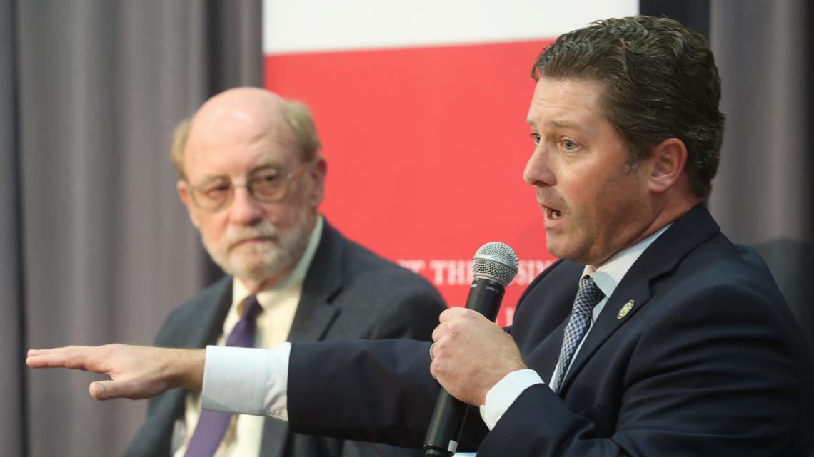 Questions ranged from water resources to homelessness as state Sen. John Laird, left, and Assemblyman Jordan Cunningham spoke at the State of the State forum hosted Thursday, Dec, 2, 2121, by the San Luis Obispo Chamber of Commerce.