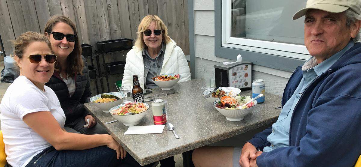 From left, Nikki Faragasso and Jenae Unruh of Santa Barbara join family members from Clovis, Karen and Darrell Unruh, for a reunion lunch May 28 at Morro Bay’s new eatery, Chowa Bowl.
