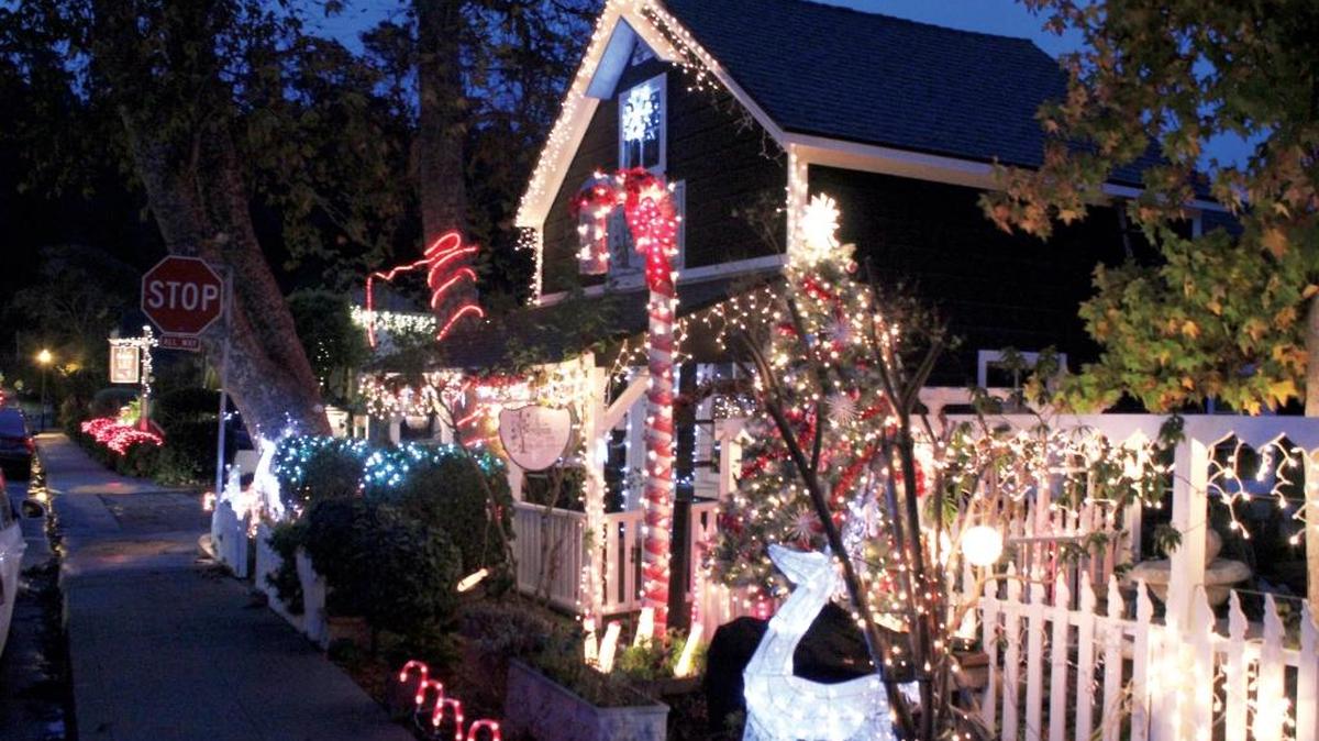 Spellbound Herbs in East Village decorated its grounds with a giant candy cane, a glowing white reindeer and plenty of other lights, seen here on Cambria’s Hospitality Night in 2014.