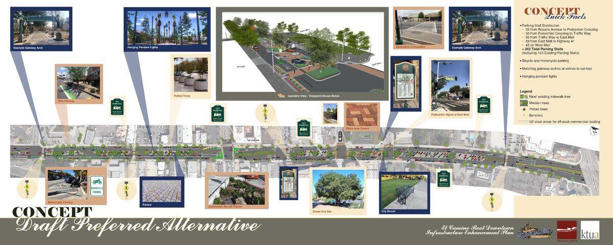 A concept plan shows how El Camino Real traffic will be reduced in downtown Atascadero using a new median of angled parking and landscaping.
