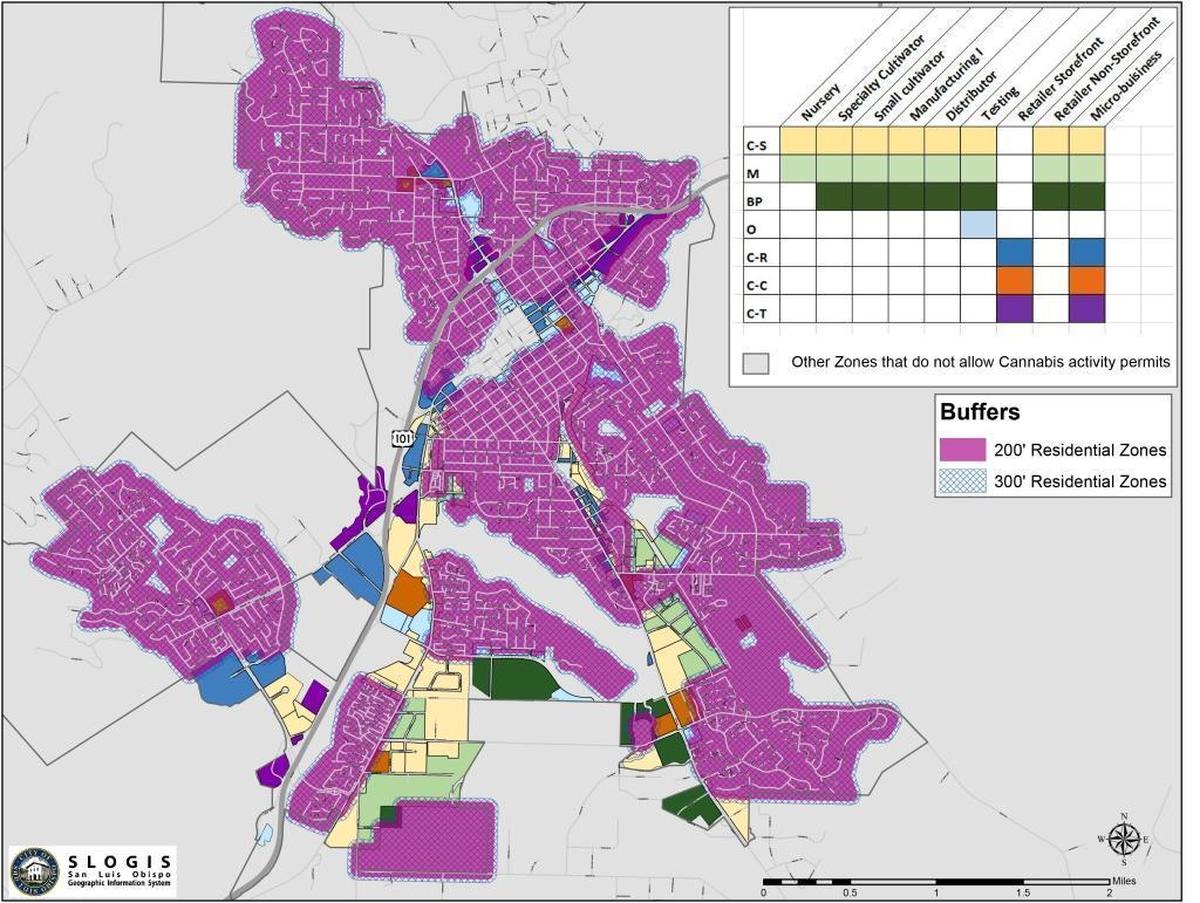 A city map shows where marijuana businesses might be allowed in San Luis Obispo, taking into account residential buffer zones.