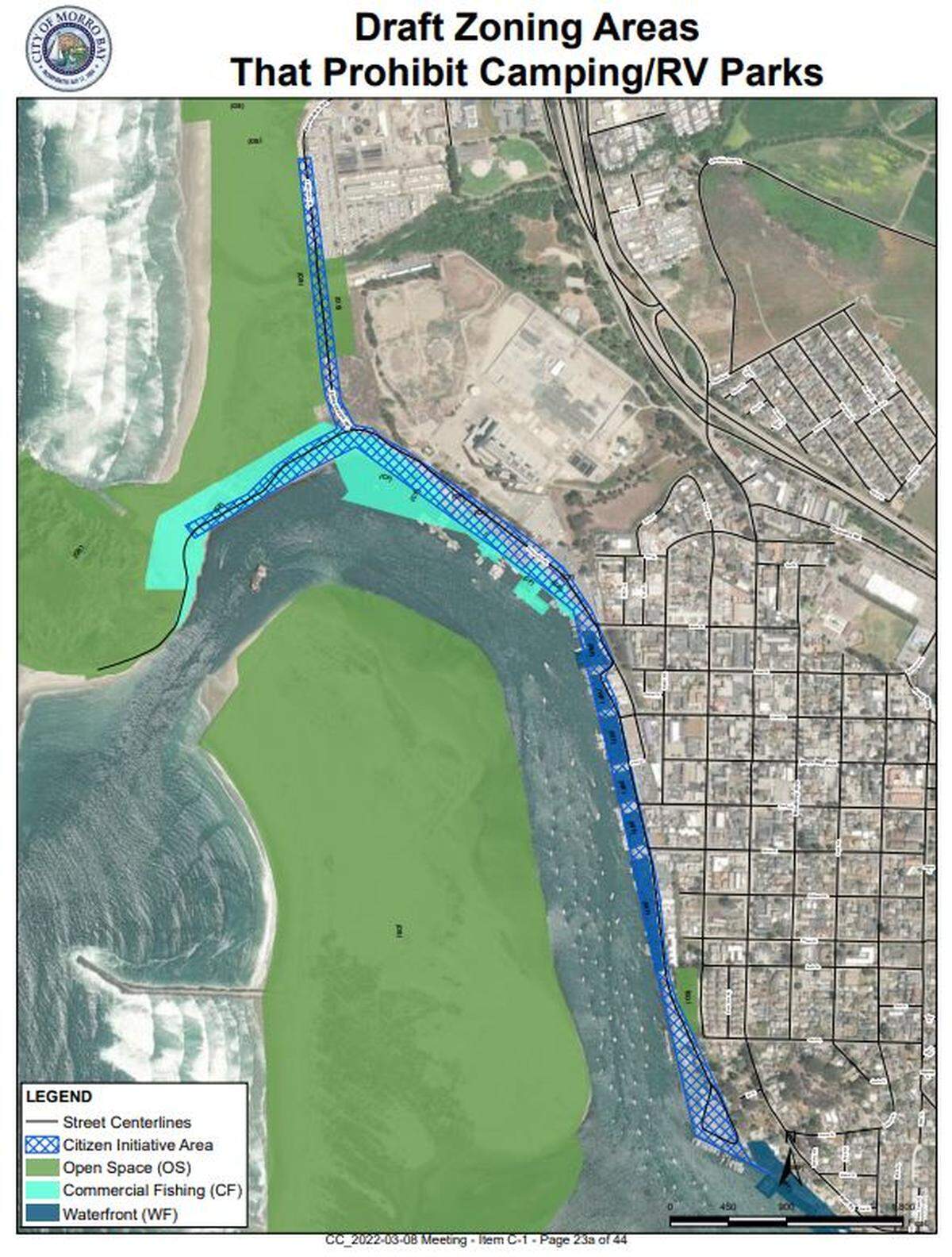 The areas prohibiting RV and camping as part of the city of Morro Bay’s new draft ordinance are in checkered blue.