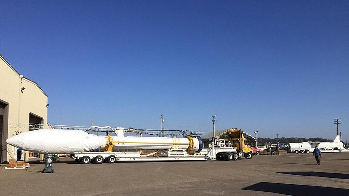 An Orbital ATK Minotaur C rocket is prepped for its trip to the launch pad at Vandenberg Air Force Base in anticipation of a planned Halloween launch of 10 small satellites.