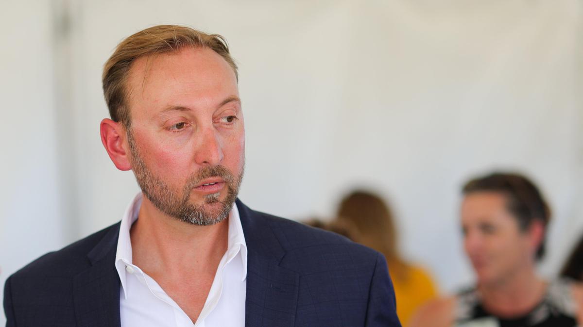 Joshua Peterson, a Wathen Castanos Homes co-owner and president, speaks at an event announcing Wathen Castonos’ acquisition of the Avila Ranch housing development off Buckley Road in San Luis Obispo.