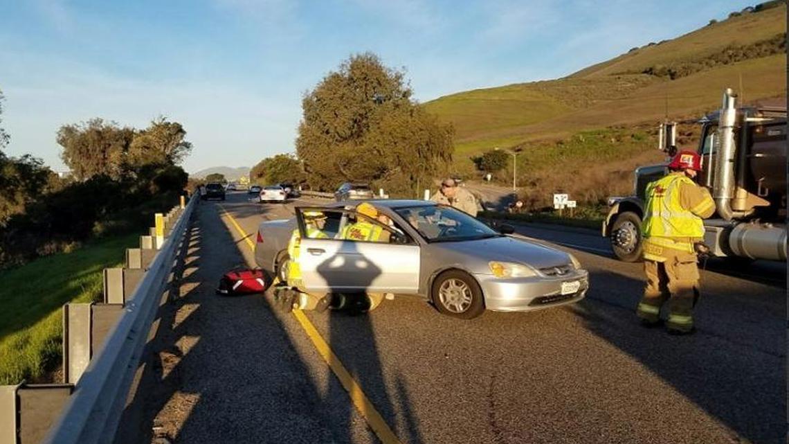 Cal Fire authorities were on the scene of a three-car crash that injured three people in Pismo Beach on Tuesday morning.