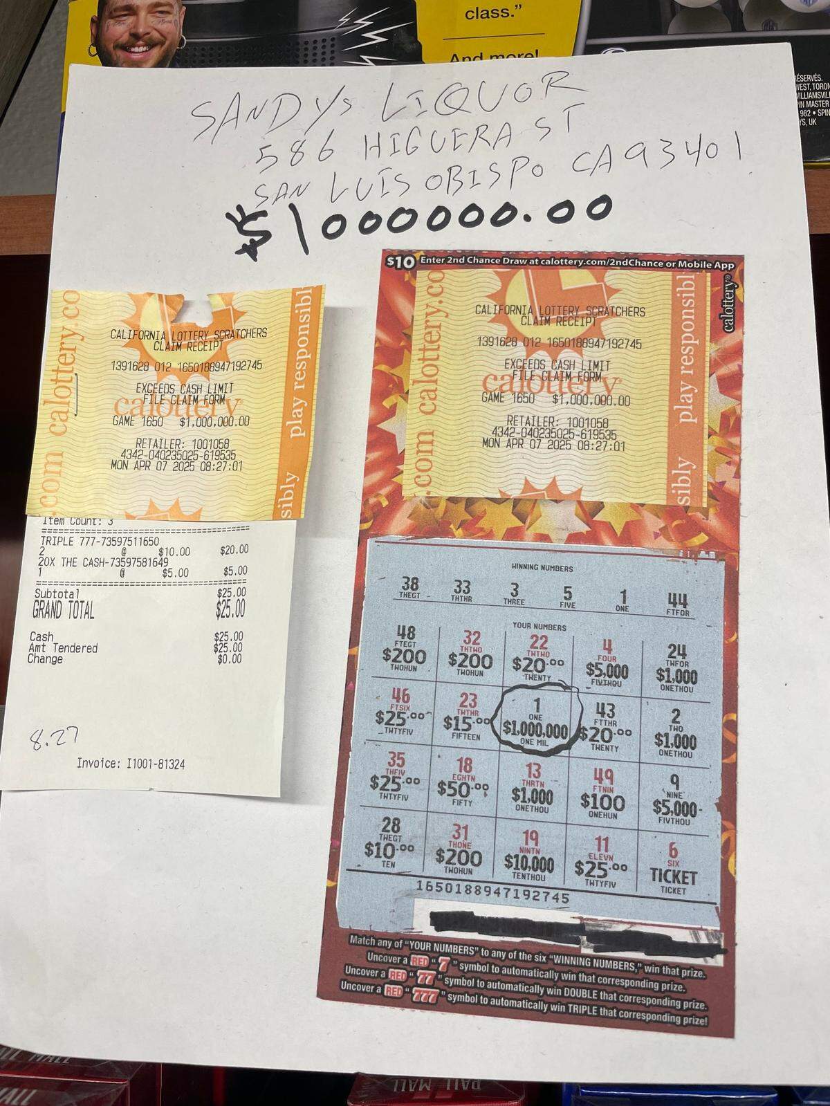 A $1 million winning scratcher was sold at Sandy’s Deli-Liquor in downtown San Luis Obispo on April 6, 2025. Manager Wilson Samaan displays the winning scratcher and the receipt behind the cash register.