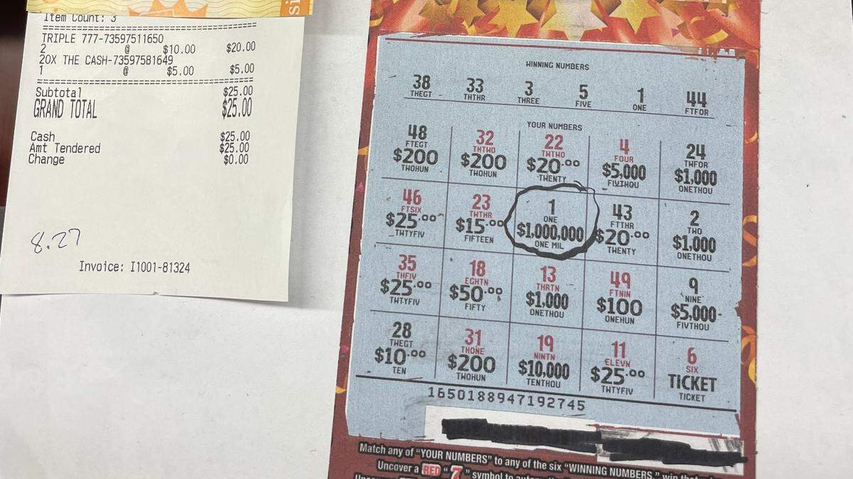 A $1 million winning scratcher was sold at Sandy’s Deli-Liquor in downtown San Luis Obispo on April 6, 2025. Manager Wilson Samaan displays the winning scratcher and the receipt behind the cash register.