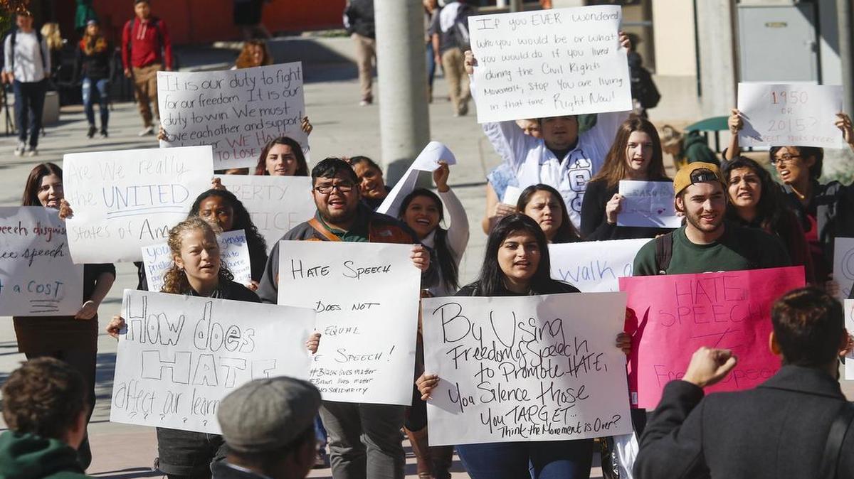 In November 2015, Cal Poly students marched in protest at the University Union plaza in reaction to the appearance of derogatory comments drawn on a free speech wall targeting Muslim and transgender people.