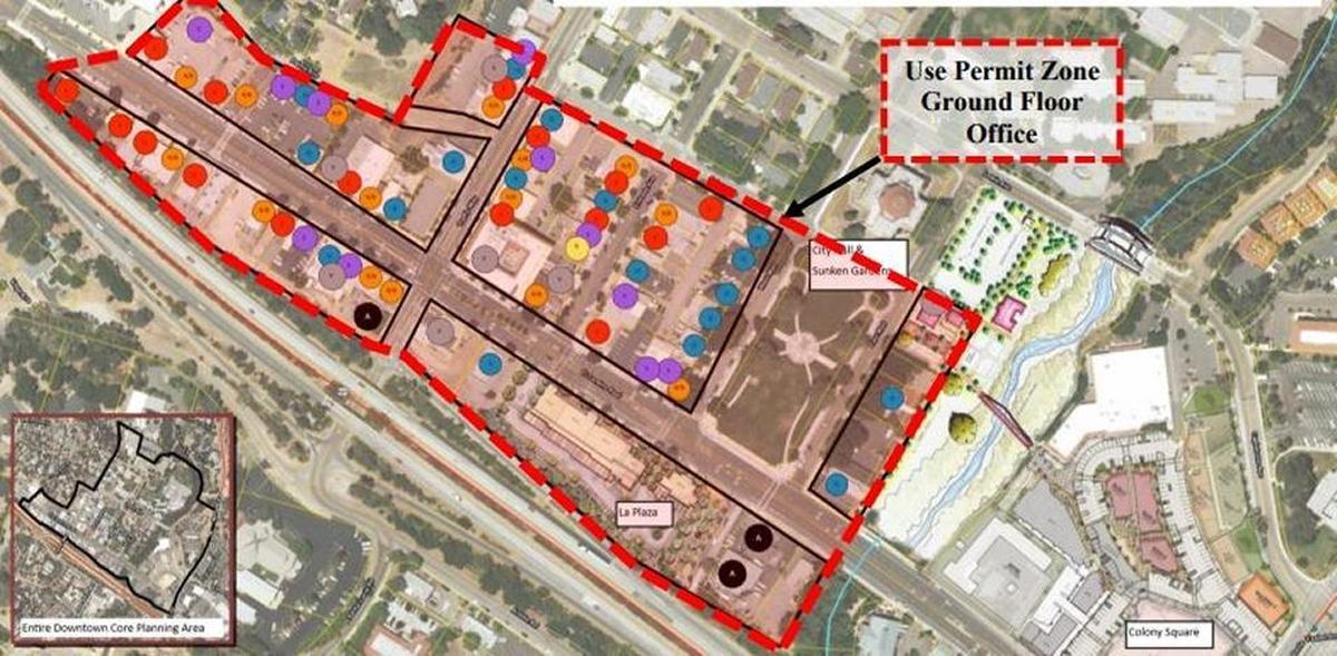A map showing the downtown Atascadero area that would be subject to new zoning restrictions. Ground-floor residential uses would be prohibited in this area, and new medical offices would require a public hearing.